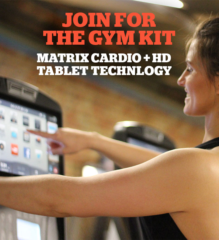 Join Soho Gyms for the gym kit. Matrix cardio with HD tablet technology.